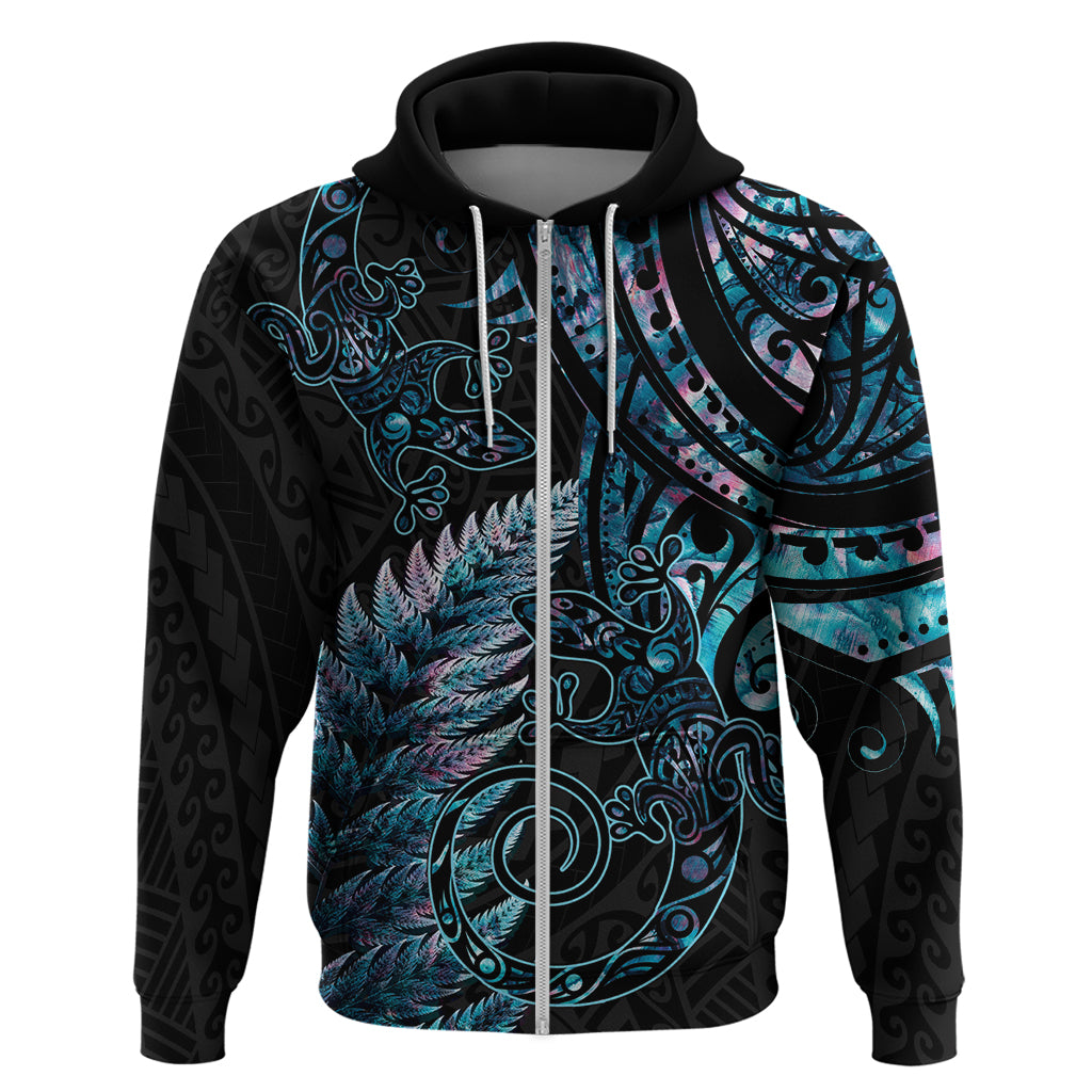 New Zealand Lizard Zip Hoodie Silver Fern Aotearoa Maori With Paua Shell LT14 Zip Hoodie Turquoise - Polynesian Pride