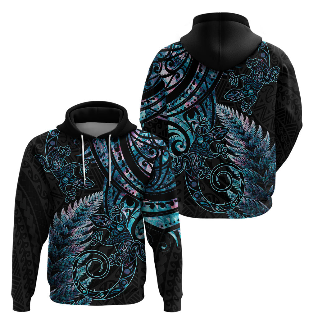 New Zealand Lizard Zip Hoodie Silver Fern Aotearoa Maori With Paua Shell LT14 - Polynesian Pride