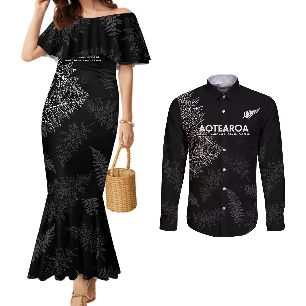 New Zealand Haka Rugby Couples Matching Mermaid Dress and Long Sleeve Button Shirt 2024 Pacific Go Black Silver Fern LT14 Black - Polynesian Pride