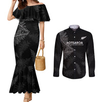 New Zealand Haka Rugby Couples Matching Mermaid Dress and Long Sleeve Button Shirt 2024 Pacific Go Black Silver Fern LT14 Black - Polynesian Pride