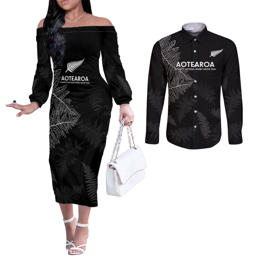 New Zealand Haka Rugby Couples Matching Off The Shoulder Long Sleeve Dress and Long Sleeve Button Shirt 2024 Pacific Go Black Silver Fern LT14 Black - Polynesian Pride