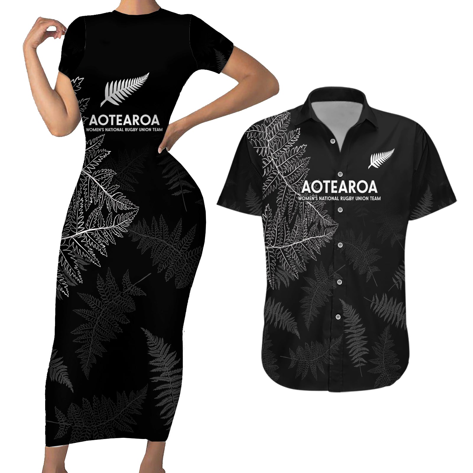 New Zealand Haka Rugby Couples Matching Short Sleeve Bodycon Dress and Hawaiian Shirt 2024 Pacific Go Black Silver Fern LT14 Black - Polynesian Pride