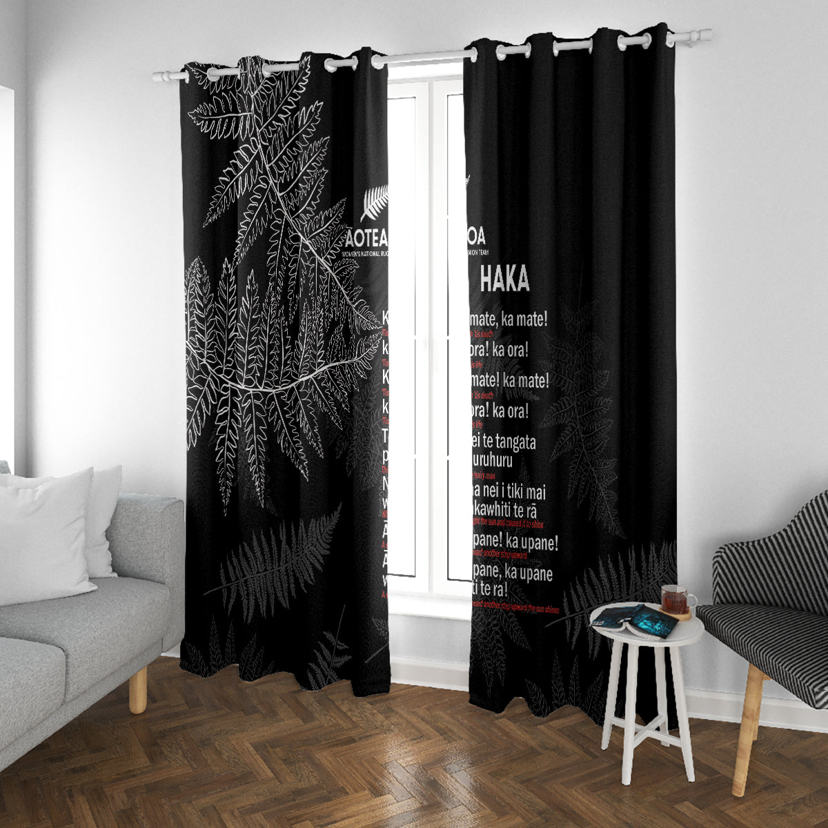 Custom New Zealand Haka Rugby Window Curtain 2024 Pacific Go Black Silver Fern LT14 With Grommets Black - Polynesian Pride