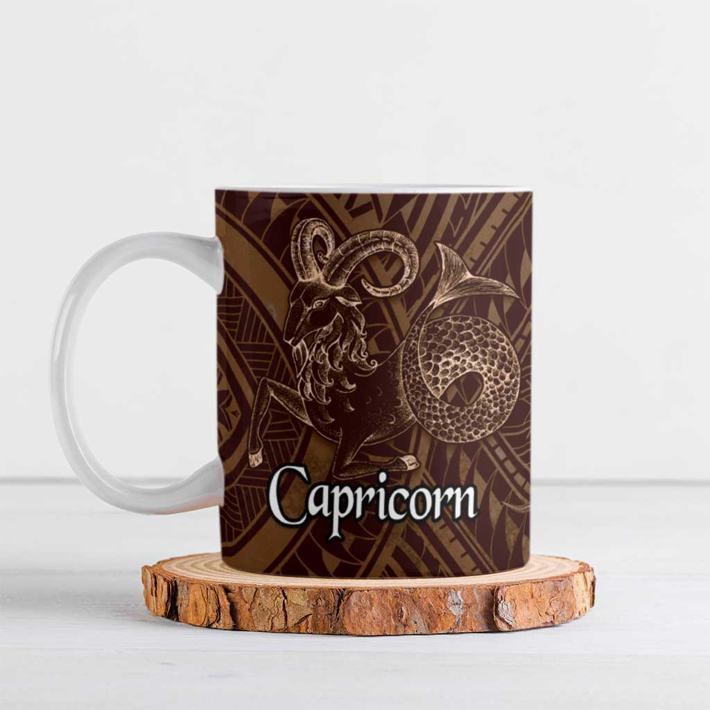 Personalised Polynesia Zodiac Capricorn Ceramic Mug Galaxy Polynesian Pattern Chest Tattoo Style LT14 Brown - Polynesian Pride