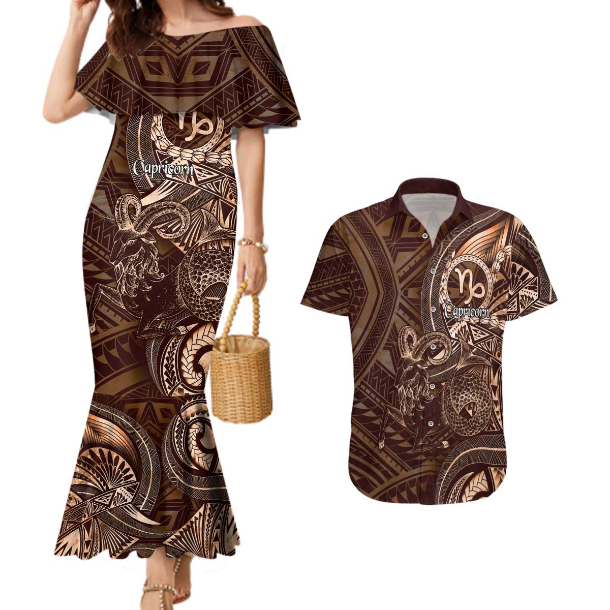 Personalised Polynesia Zodiac Capricorn Couples Matching Mermaid Dress and Hawaiian Shirt Galaxy Polynesian Pattern Chest Tattoo Style LT14 Brown - Polynesian Pride