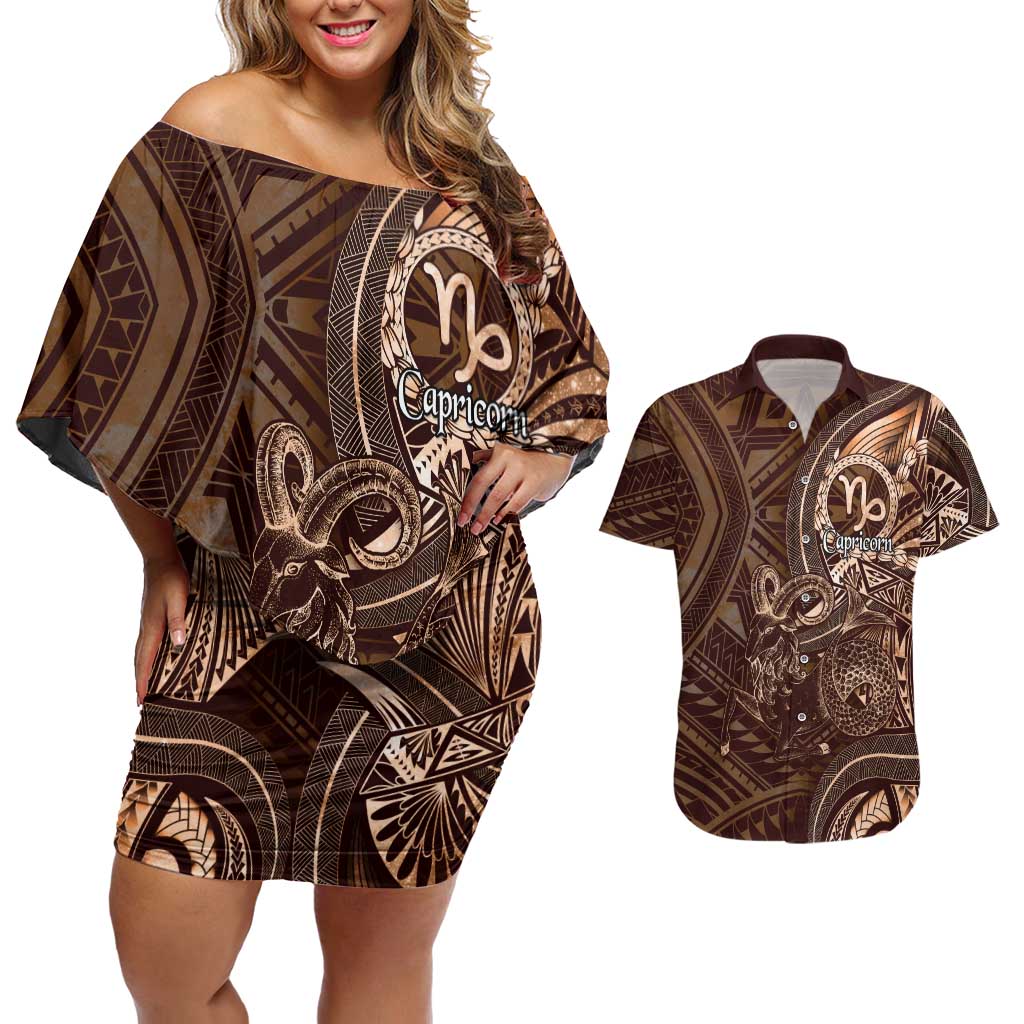 Personalised Polynesia Zodiac Capricorn Couples Matching Off Shoulder Short Dress and Hawaiian Shirt Galaxy Polynesian Pattern Chest Tattoo Style