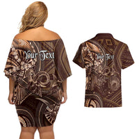 Personalised Polynesia Zodiac Capricorn Couples Matching Off Shoulder Short Dress and Hawaiian Shirt Galaxy Polynesian Pattern Chest Tattoo Style
