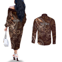 Personalised Polynesia Zodiac Capricorn Couples Matching Off The Shoulder Long Sleeve Dress and Long Sleeve Button Shirt Galaxy Polynesian Pattern Chest Tattoo Style LT14 - Polynesian Pride