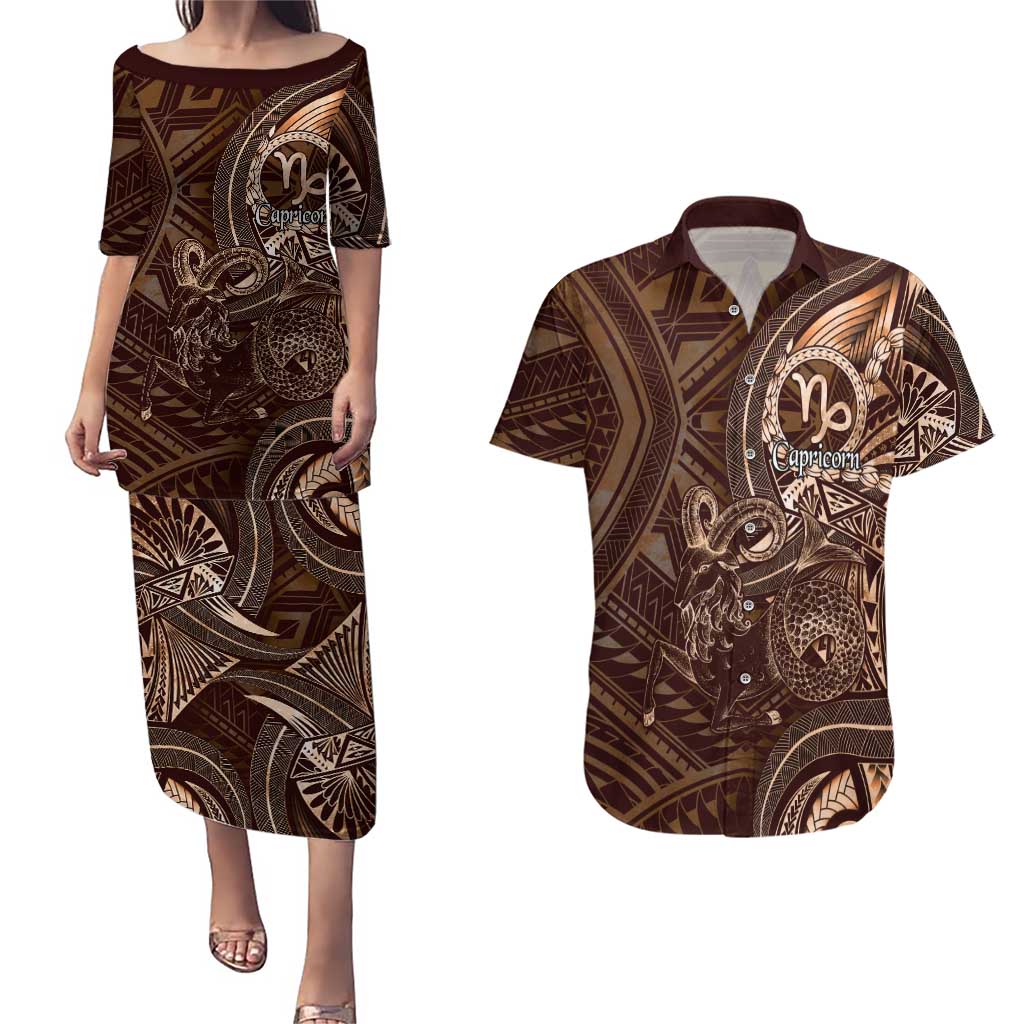 Personalised Polynesia Zodiac Capricorn Couples Matching Puletasi and Hawaiian Shirt Galaxy Polynesian Pattern Chest Tattoo Style