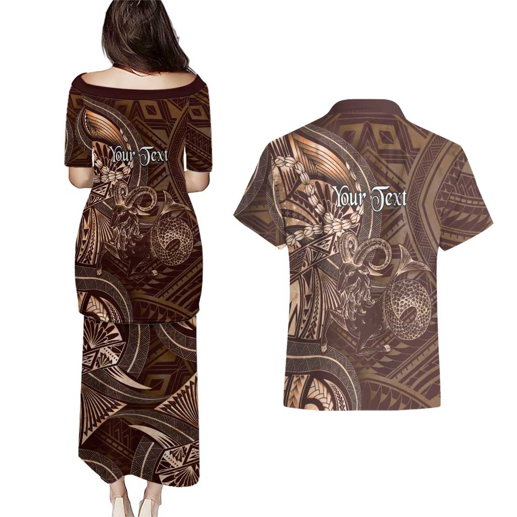 Personalised Polynesia Zodiac Capricorn Couples Matching Puletasi and Hawaiian Shirt Galaxy Polynesian Pattern Chest Tattoo Style