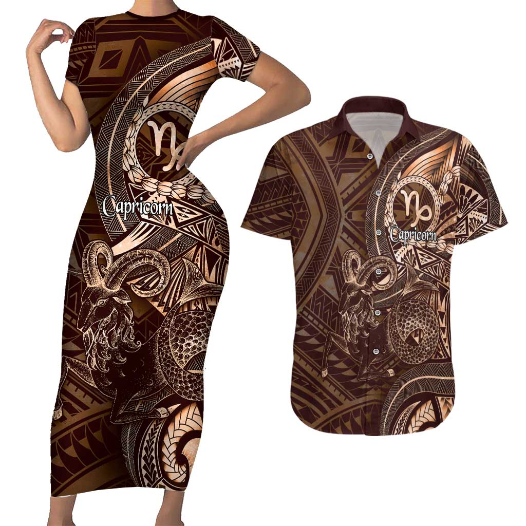Personalised Polynesia Zodiac Capricorn Couples Matching Short Sleeve Bodycon Dress and Hawaiian Shirt Galaxy Polynesian Pattern Chest Tattoo Style