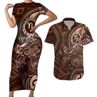 Personalised Polynesia Zodiac Capricorn Couples Matching Short Sleeve Bodycon Dress and Hawaiian Shirt Galaxy Polynesian Pattern Chest Tattoo Style LT14 Brown - Polynesian Pride