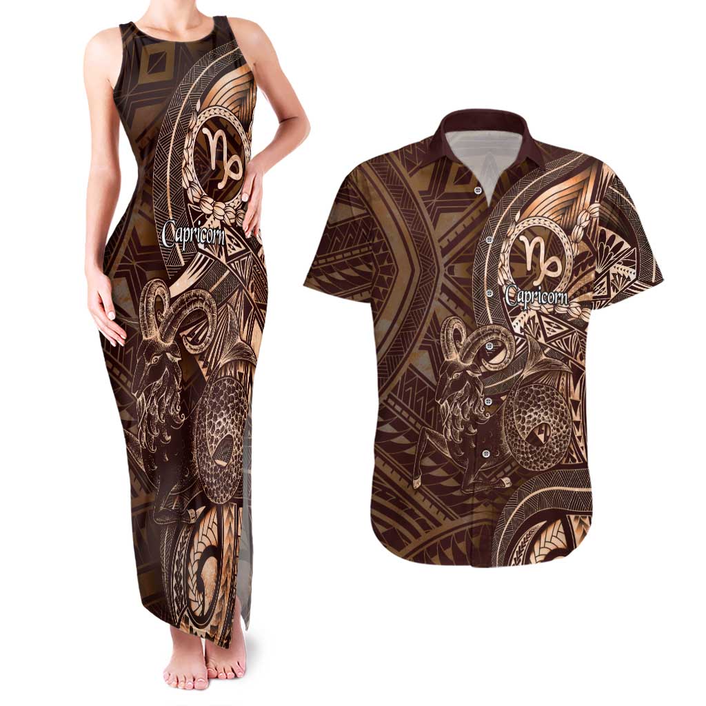 Personalised Polynesia Zodiac Capricorn Couples Matching Tank Maxi Dress and Hawaiian Shirt Galaxy Polynesian Pattern Chest Tattoo Style LT14 Brown - Polynesian Pride