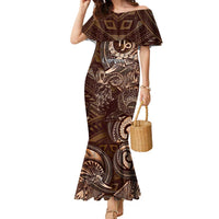 Personalised Polynesia Zodiac Capricorn Family Matching Mermaid Dress and Hawaiian Shirt Galaxy Polynesian Pattern Chest Tattoo Style LT14 Mom's Dress Brown - Polynesian Pride