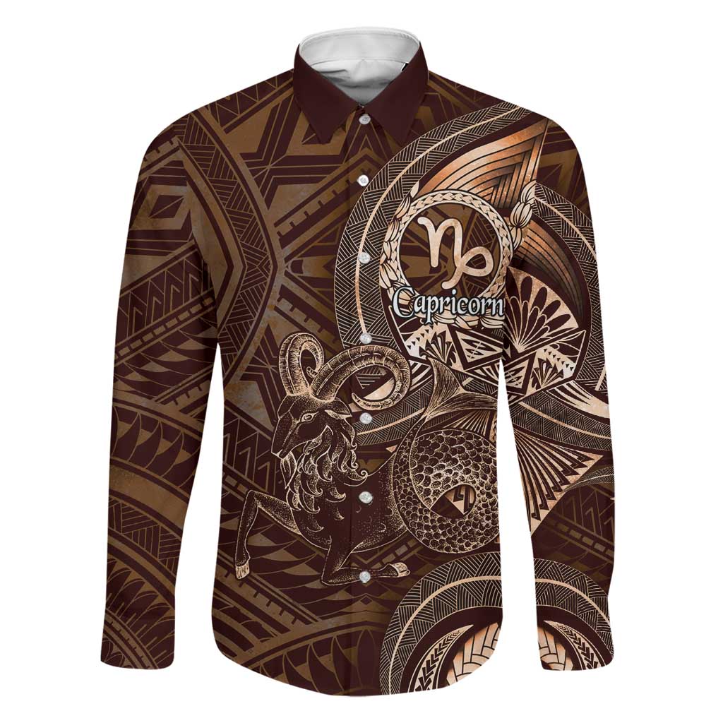 Personalised Polynesia Zodiac Capricorn Family Matching Off Shoulder Maxi Dress and Hawaiian Shirt Galaxy Polynesian Pattern Chest Tattoo Style LT14 Dad's Shirt - Long Sleeve Brown - Polynesian Pride