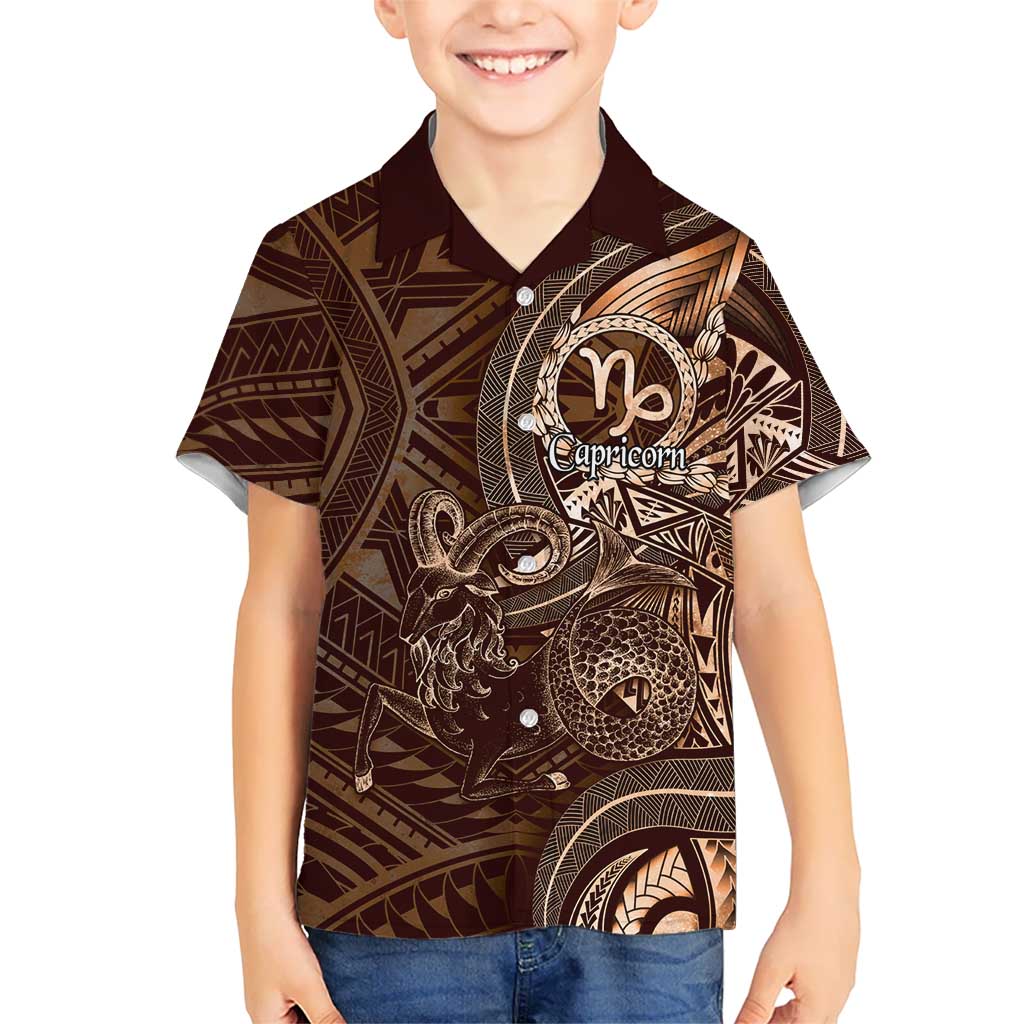 Personalised Polynesia Zodiac Capricorn Family Matching Off Shoulder Short Dress and Hawaiian Shirt Galaxy Polynesian Pattern Chest Tattoo Style LT14 Son's Shirt Brown - Polynesian Pride