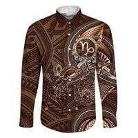 Personalised Polynesia Zodiac Capricorn Family Matching Short Sleeve Bodycon Dress and Hawaiian Shirt Galaxy Polynesian Pattern Chest Tattoo Style LT14 Dad's Shirt - Long Sleeve Brown - Polynesian Pride