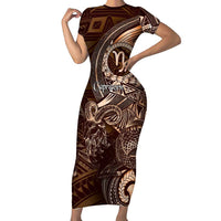 Personalised Polynesia Zodiac Capricorn Family Matching Short Sleeve Bodycon Dress and Hawaiian Shirt Galaxy Polynesian Pattern Chest Tattoo Style LT14 Mom's Dress Brown - Polynesian Pride