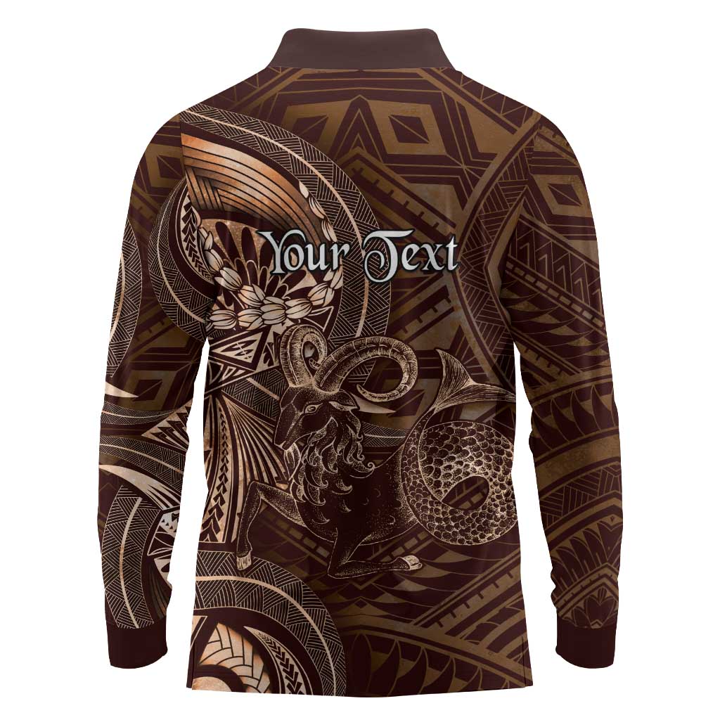 Personalised Polynesia Zodiac Capricorn Long Sleeve Polo Shirt Galaxy Polynesian Pattern Chest Tattoo Style
