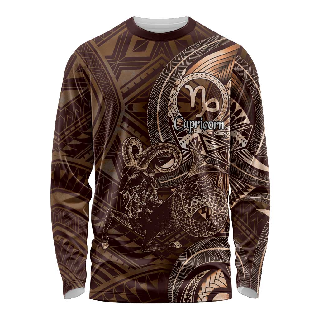Personalised Polynesia Zodiac Capricorn Long Sleeve Shirt Galaxy Polynesian Pattern Chest Tattoo Style