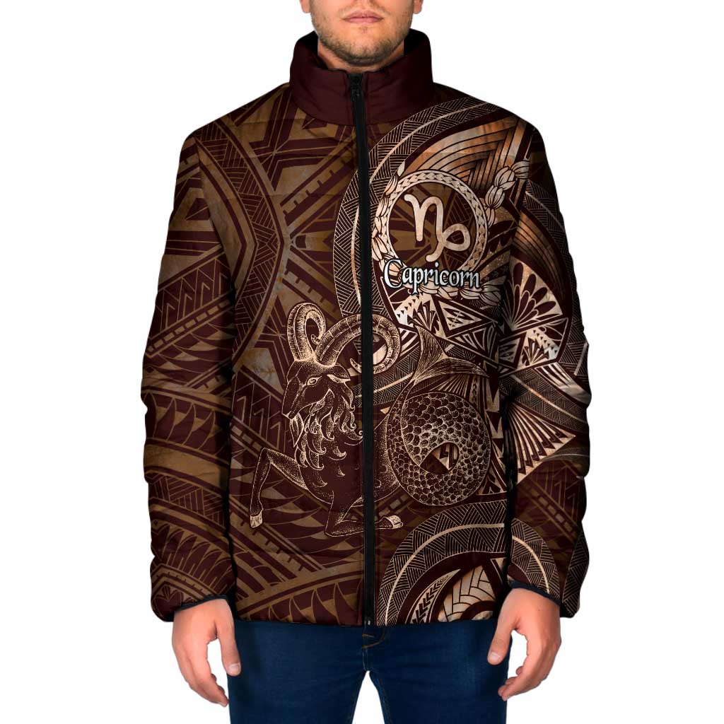 Personalised Polynesia Zodiac Capricorn Padded Jacket Galaxy Polynesian Pattern Chest Tattoo Style LT14 Men Brown - Polynesian Pride