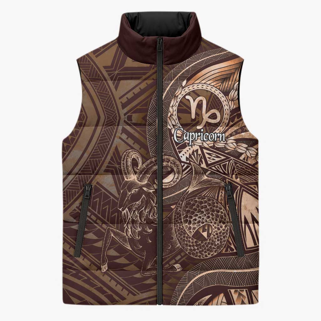 Personalised Polynesia Zodiac Capricorn Sleeveless Puffer Jacket Galaxy Polynesian Pattern Chest Tattoo Style