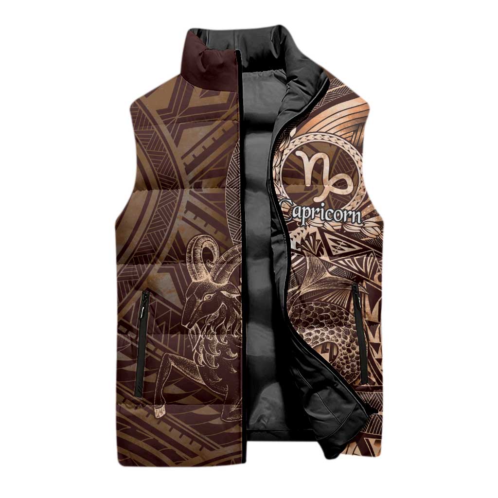Personalised Polynesia Zodiac Capricorn Sleeveless Puffer Jacket Galaxy Polynesian Pattern Chest Tattoo Style