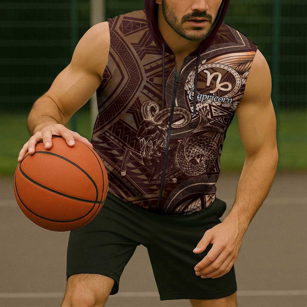 Personalised Polynesia Zodiac Capricorn Sleeveless Zip Hoodie Galaxy Polynesian Pattern Chest Tattoo Style