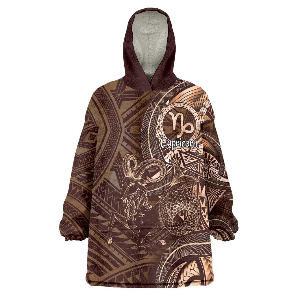 Personalised Polynesia Zodiac Capricorn Wearable Blanket Hoodie Galaxy Polynesian Pattern Chest Tattoo Style LT14 One Size Brown - Polynesian Pride