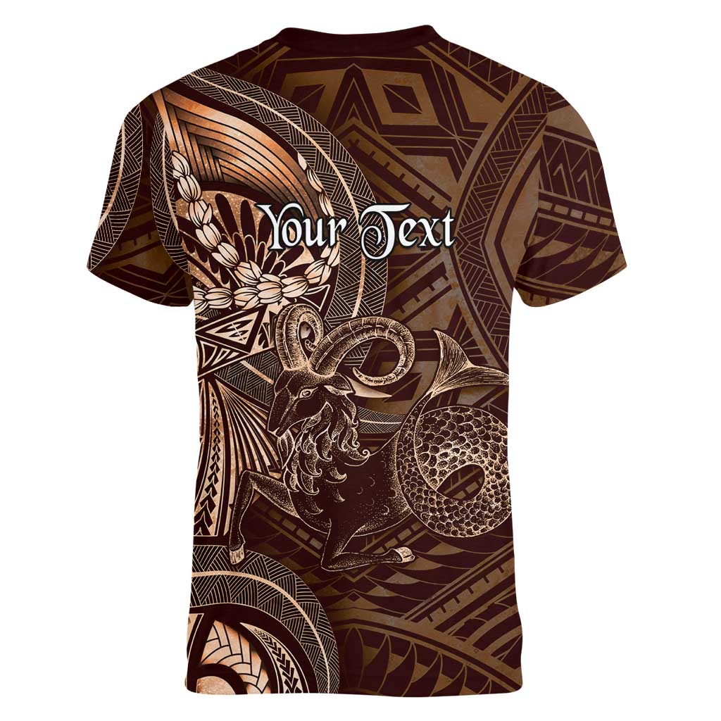 Personalised Polynesia Zodiac Capricorn Women V-Neck T-Shirt Galaxy Polynesian Pattern Chest Tattoo Style