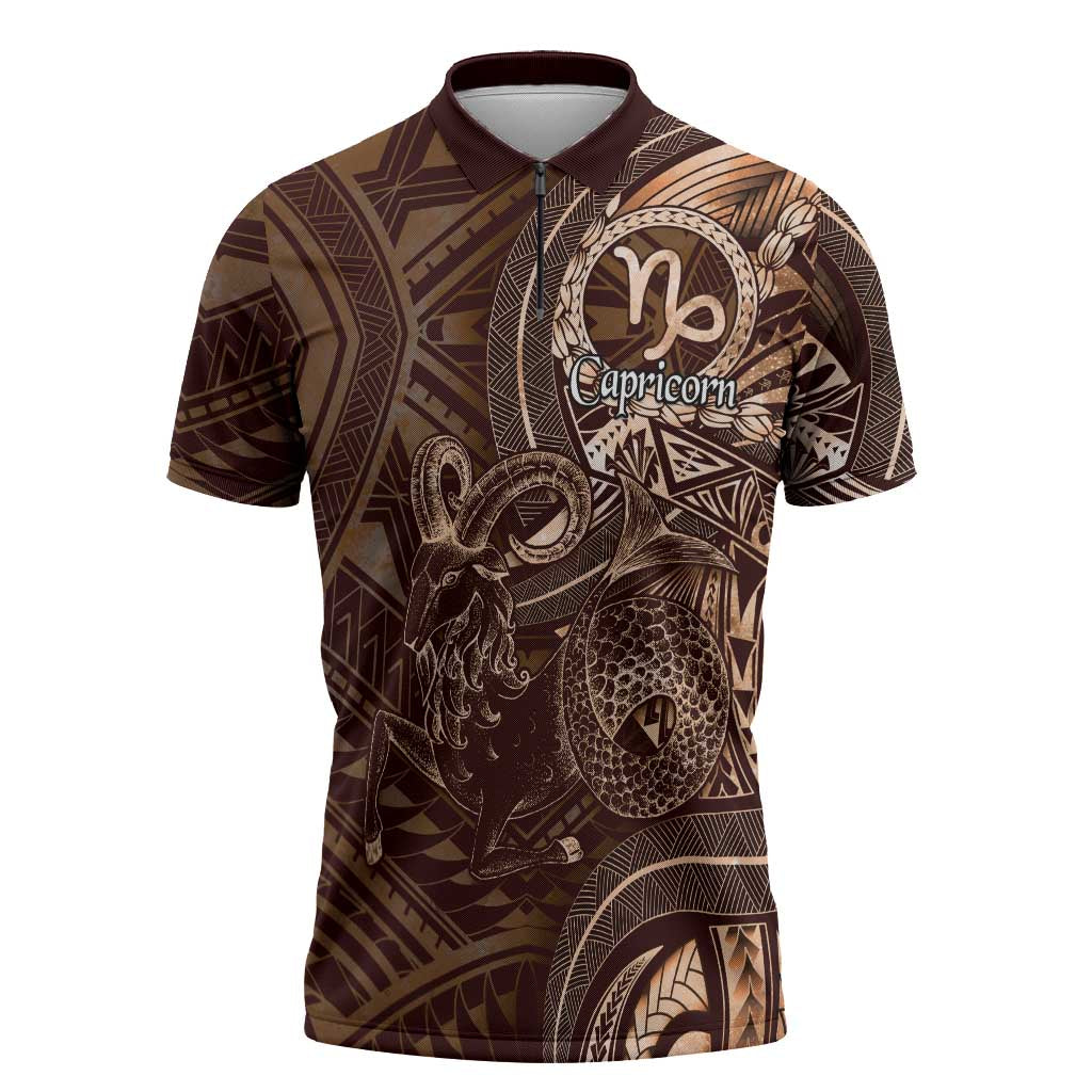 Personalised Polynesia Zodiac Capricorn Zipper Polo Shirt Galaxy Polynesian Pattern Chest Tattoo Style LT14 Brown - Polynesian Pride