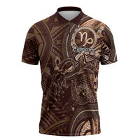 Personalised Polynesia Zodiac Capricorn Zipper Polo Shirt Galaxy Polynesian Pattern Chest Tattoo Style LT14 Brown - Polynesian Pride