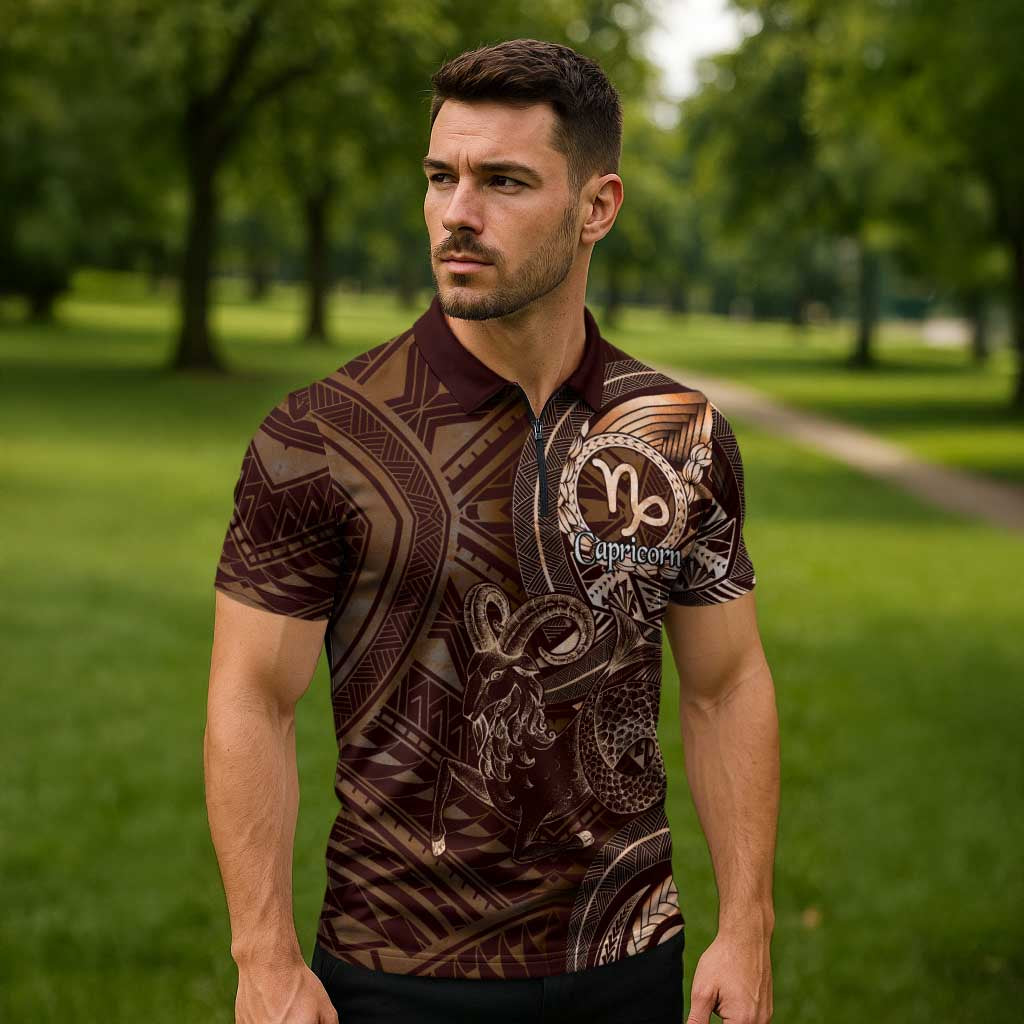 Personalised Polynesia Zodiac Capricorn Zipper Polo Shirt Galaxy Polynesian Pattern Chest Tattoo Style LT14 - Polynesian Pride
