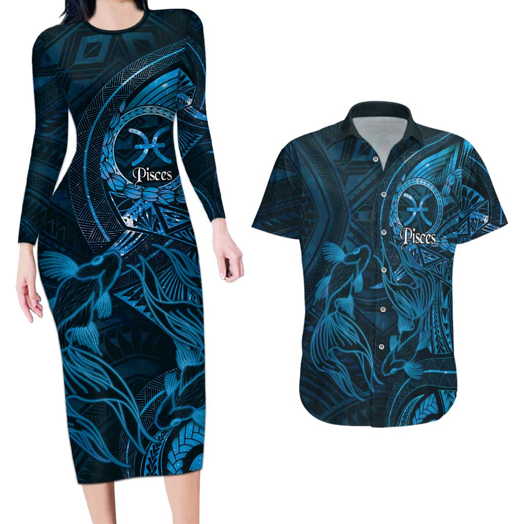 Personalised Polynesia Zodiac Pisces Couples Matching Long Sleeve Bodycon Dress and Hawaiian Shirt Galaxy Polynesian Pattern Chest Tattoo Style LT14 Blue - Polynesian Pride