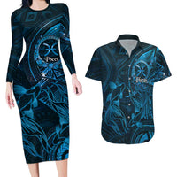 Personalised Polynesia Zodiac Pisces Couples Matching Long Sleeve Bodycon Dress and Hawaiian Shirt Galaxy Polynesian Pattern Chest Tattoo Style LT14 Blue - Polynesian Pride