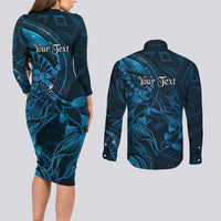 Personalised Polynesia Zodiac Pisces Couples Matching Long Sleeve Bodycon Dress and Long Sleeve Button Shirt Galaxy Polynesian Pattern Chest Tattoo Style