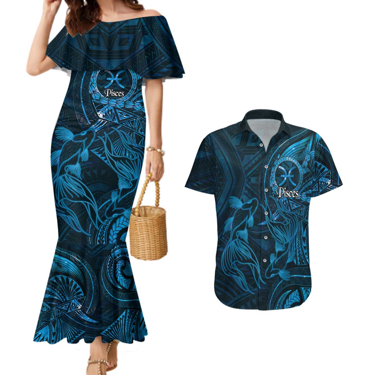 Personalised Polynesia Zodiac Pisces Couples Matching Mermaid Dress and Hawaiian Shirt Galaxy Polynesian Pattern Chest Tattoo Style