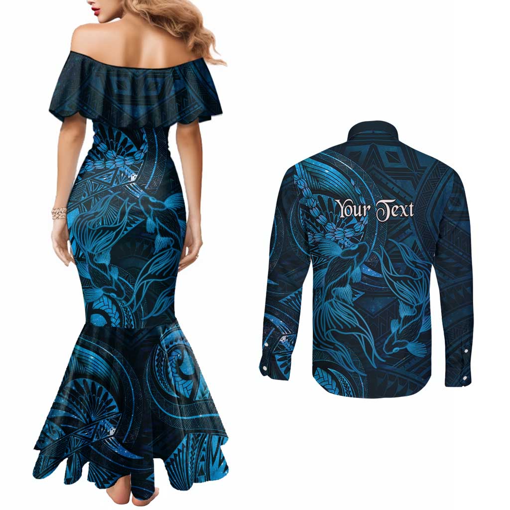 Personalised Polynesia Zodiac Pisces Couples Matching Mermaid Dress and Long Sleeve Button Shirt Galaxy Polynesian Pattern Chest Tattoo Style