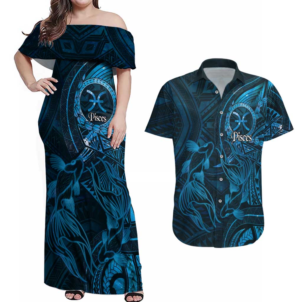 Personalised Polynesia Zodiac Pisces Couples Matching Off Shoulder Maxi Dress and Hawaiian Shirt Galaxy Polynesian Pattern Chest Tattoo Style