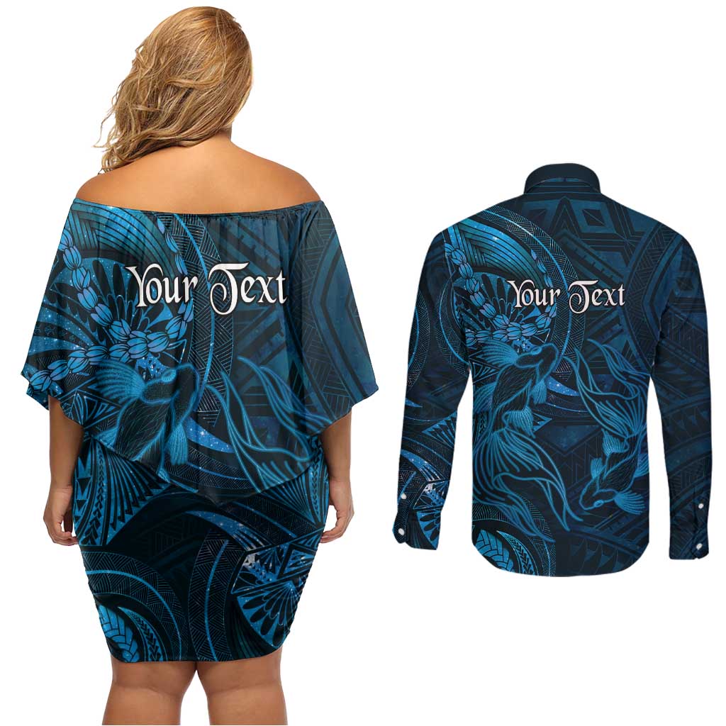 Personalised Polynesia Zodiac Pisces Couples Matching Off Shoulder Short Dress and Long Sleeve Button Shirt Galaxy Polynesian Pattern Chest Tattoo Style