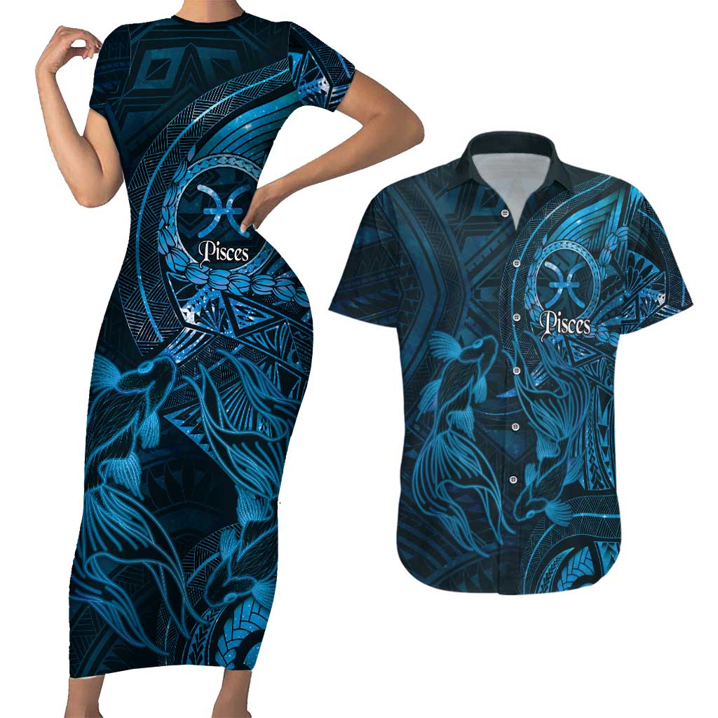 Personalised Polynesia Zodiac Pisces Couples Matching Short Sleeve Bodycon Dress and Hawaiian Shirt Galaxy Polynesian Pattern Chest Tattoo Style