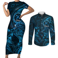 Personalised Polynesia Zodiac Pisces Couples Matching Short Sleeve Bodycon Dress and Long Sleeve Button Shirt Galaxy Polynesian Pattern Chest Tattoo Style