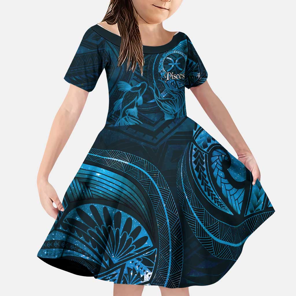 Personalised Polynesia Zodiac Pisces Family Matching Mermaid Dress and Hawaiian Shirt Galaxy Polynesian Pattern Chest Tattoo Style LT14 Daughter's Dress Blue - Polynesian Pride