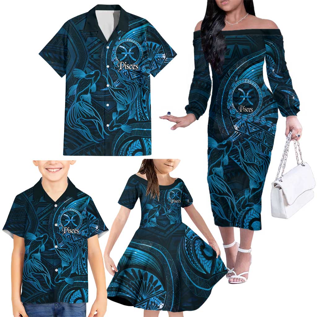 Personalised Polynesia Zodiac Pisces Family Matching Off The Shoulder Long Sleeve Dress and Hawaiian Shirt Galaxy Polynesian Pattern Chest Tattoo Style LT14 - Polynesian Pride
