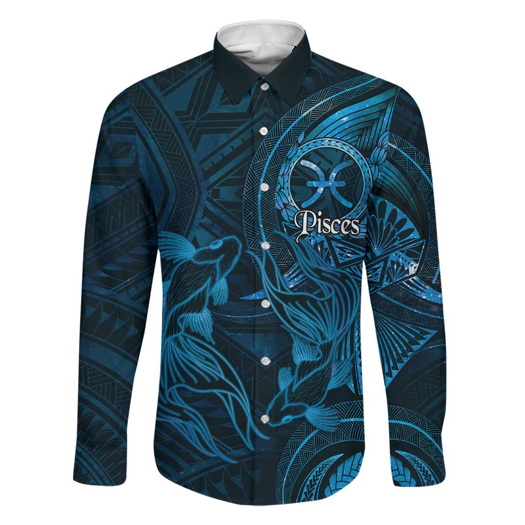 Personalised Polynesia Zodiac Pisces Family Matching Off The Shoulder Long Sleeve Dress and Hawaiian Shirt Galaxy Polynesian Pattern Chest Tattoo Style LT14 Dad's Shirt - Long Sleeve Blue - Polynesian Pride