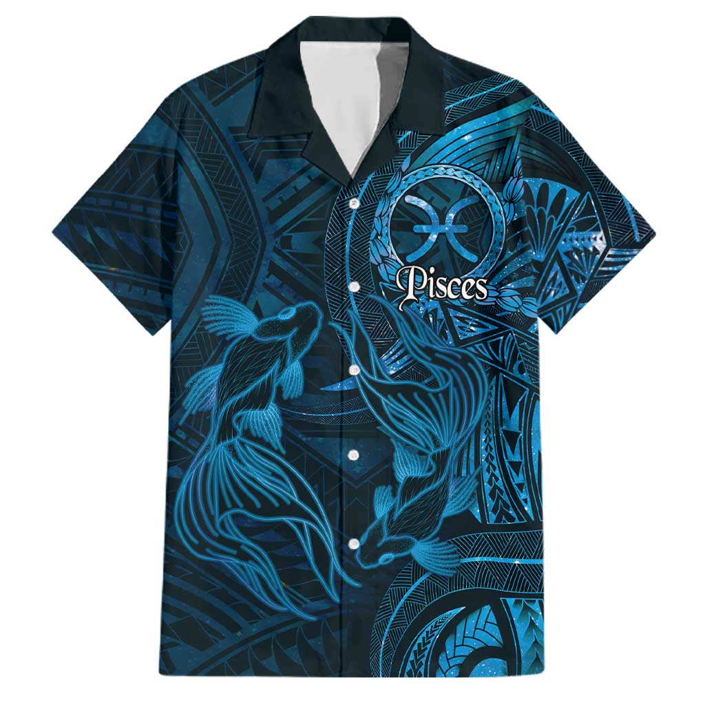 Personalised Polynesia Zodiac Pisces Family Matching Off Shoulder Maxi Dress and Hawaiian Shirt Galaxy Polynesian Pattern Chest Tattoo Style LT14 Dad's Shirt - Short Sleeve Blue - Polynesian Pride