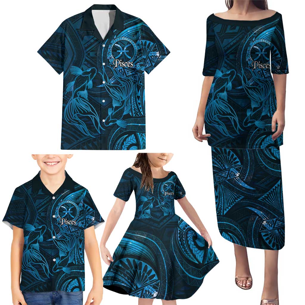 Personalised Polynesia Zodiac Pisces Family Matching Puletasi and Hawaiian Shirt Galaxy Polynesian Pattern Chest Tattoo Style