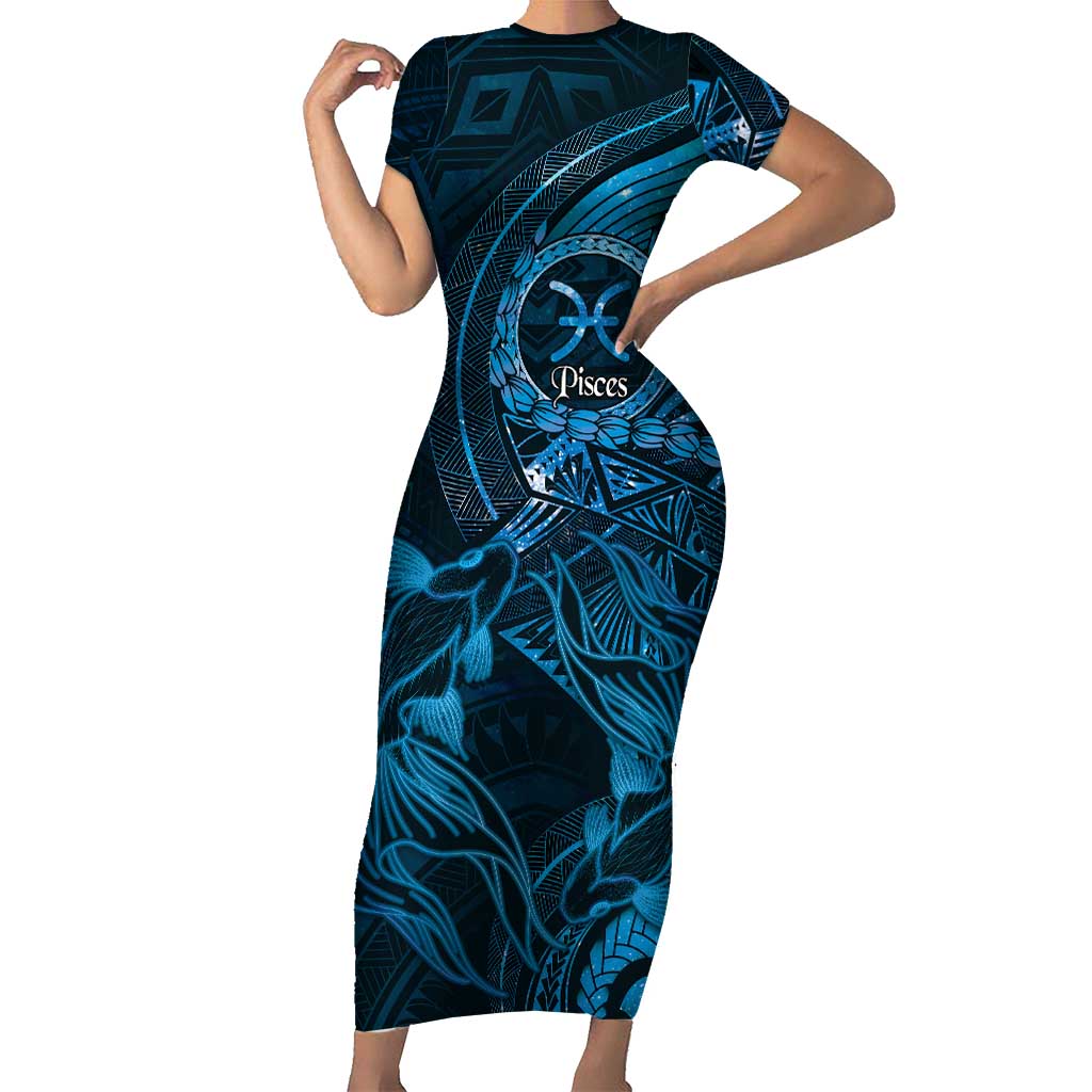 Personalised Polynesia Zodiac Pisces Family Matching Short Sleeve Bodycon Dress and Hawaiian Shirt Galaxy Polynesian Pattern Chest Tattoo Style LT14 Mom's Dress Blue - Polynesian Pride