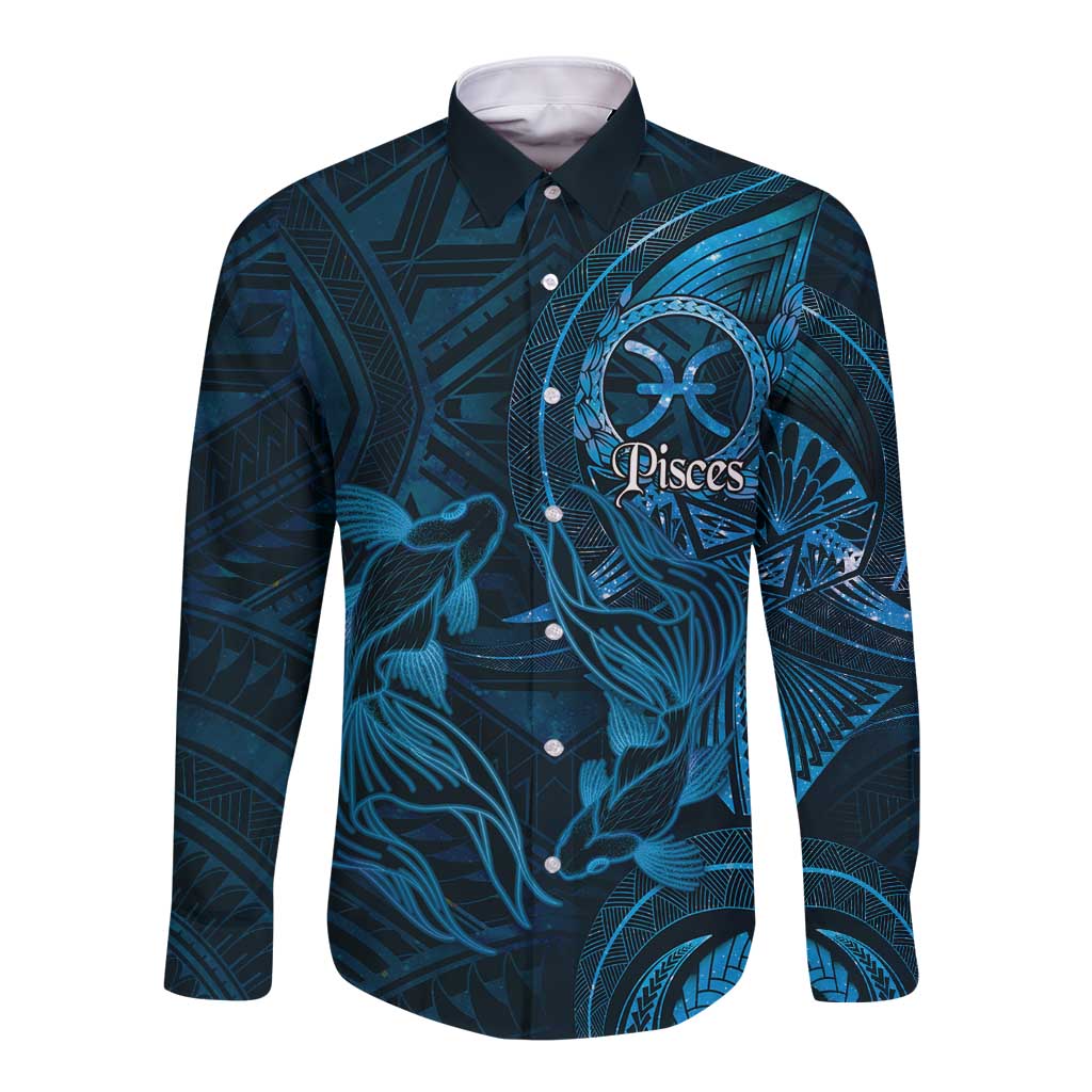 Personalised Polynesia Zodiac Pisces Long Sleeve Button Shirt Galaxy Polynesian Pattern Chest Tattoo Style
