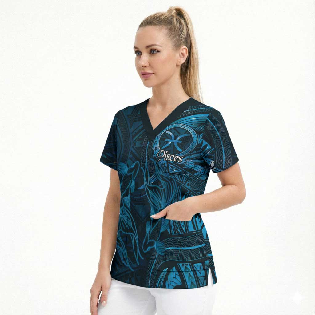 Personalised Polynesia Zodiac Pisces Scrub Top Galaxy Polynesian Pattern Chest Tattoo Style